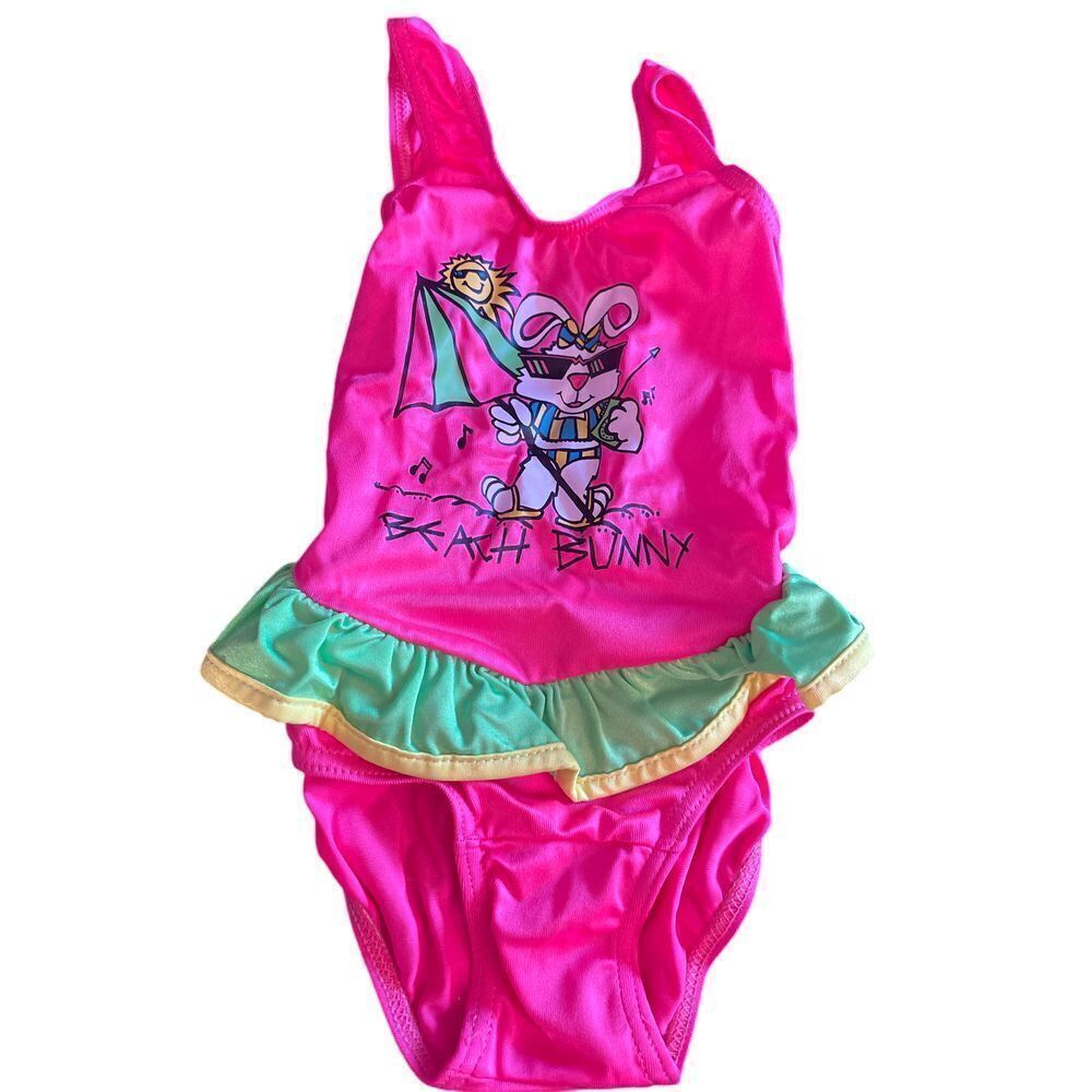 Vibrant Pink Girls' Swimsuit with Cartoon Print and Mint‎ Green Trim A-766